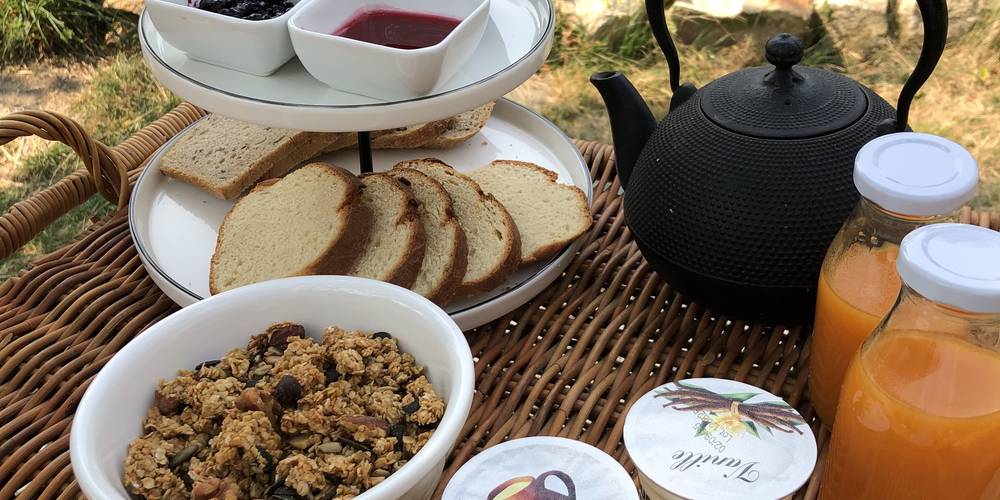 petit déjeuner dans le jardin -  La Ferme de Sabadel (Auvergne-Rhône-Alpes, Haute-Loire)