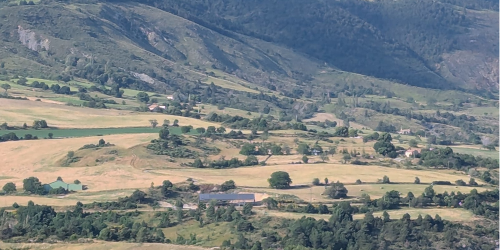 Vue d'ensemble. La roulotte est au centre de l'image, derrière les arbres. -  La Ferme des églantiers (Provence-Alpes-Côte d’Azur, Hautes-Alpes)