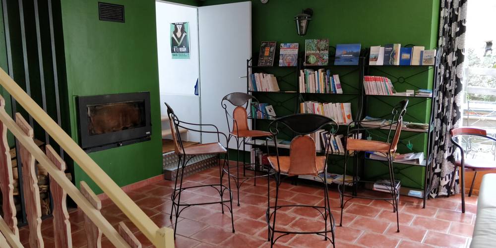 cheminée et bibliotthèque dans salle de séjour -  Le Jardin Mirandou (Auvergne-Rhône-Alpes, Haute-Loire)